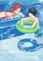Rule 34 | 1boy, 1girl, afloat, ass, bikini, black hair, brother and sister, chigusa asuha, chigusa kasumi, closed mouth, day, frilled bikini, frills, hair ornament, hairclip, innertube, long hair, looking at another, lying, on stomach, outdoors, partially submerged, ponytail, pool, qualidea code, red eyes, red hair, scrunchie, sekiya asami, short hair, siblings, swim ring, swimsuit, water, wet