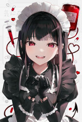 Rule 34 | 1girl, apron, black gloves, black hair, blood, cross, earrings, fangs, gloves, gomzi, gomzi vampire, heart, jewelry, juliet sleeves, long sleeves, maid, maid apron, maid headdress, necktie, open mouth, original, pill, pointy ears, puffy sleeves, red eyes, solo, syringe, translation request, vampire, watermark