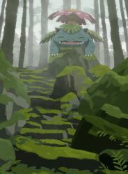 Rule 34 | absurdres, claws, closed eyes, commentary request, creatures (company), day, forest, from below, game freak, gen 1 pokemon, highres, hyogonosuke, nature, nintendo, no humans, open mouth, pokemon, pokemon (creature), rock, stairs, stairwell, sunlight, teeth, tree, venusaur