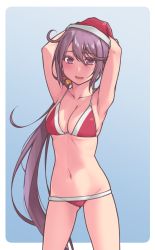 Rule 34 | 1girl, akebono (kancolle), armpits, arms behind head, arms up, bell, bikini, blue background, blush, border, breasts, christmas, cleavage, collarbone, commentary request, cowboy shot, fang, flower, gluteal fold, groin, hair bell, hair flower, hair ornament, hat, jingle bell, kantai collection, long hair, looking at viewer, lowleg, lowleg bikini, medium breasts, navel, open mouth, outside border, puppet, purple eyes, purple hair, red bikini, red hat, santa bikini, santa hat, side ponytail, sidelocks, simple background, solo, stomach, swimsuit, very long hair, white border, yuki to hana