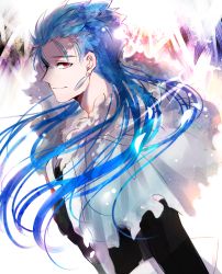 Rule 34 | 1boy, blue hair, capelet, cu chulainn (caster) (fate), cu chulainn (fate), earrings, elbow gloves, fate/grand order, fate (series), floating hair, gloves, hood, hooded capelet, jewelry, long hair, male focus, namahamu (hmhm 81), profile, red eyes, smile, solo
