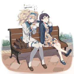 Rule 34 | 2girls, ahoge, backpack, bad id, bad pixiv id, bag, bench, black hair, black hoodie, blonde hair, blue eyes, blush, brown footwear, burger, closed mouth, cnm, dress, eating, food, food on face, fujinami (kancolle), full body, gambier bay (kancolle), hair ribbon, hairband, highres, hood, hoodie, kantai collection, loafers, long hair, long sleeves, multiple girls, open clothes, open hoodie, outdoors, ribbon, shoes, side ponytail, sitting, smile, sparkle, tears, thighhighs, twintails, unworn backpack, unworn bag, wavy mouth, white legwear, yellow eyes