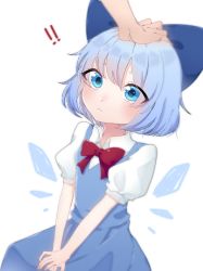 Rule 34 | !, !!, 1girl, blue bow, blue dress, blue eyes, blue hair, blush, bow, bowtie, cirno, closed mouth, collared shirt, commentary request, drawn wings, dress, eringi (rmrafrn), eyes visible through hair, hair between eyes, hair bow, hand on another&#039;s head, headpat, highres, ice, ice wings, looking at viewer, puffy short sleeves, puffy sleeves, red neckwear, shirt, short hair, short sleeves, simple background, sleeveless, sleeveless dress, solo focus, touhou, white background, white shirt, wings