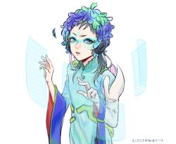 Rule 34 | 1other, blue hair, facepaint, facial mark, feathers, forehead mark, gloves, gnosia, green eyes, green hair, hair between eyes, long hair, long sleeves, looking at viewer, multicolored hair, raqio, short hair, simple background, solo, tattoo, upper body, yuyht1758