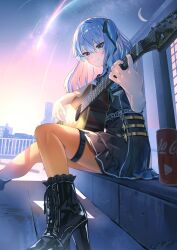 Rule 34 | 1girl, absurdres, acoustic guitar, ankle boots, asymmetrical hair, belt, black belt, black footwear, black shirt, black skirt, blue eyes, blue hair, blush, boots, brand name imitation, city, closed mouth, coca-cola, commentary, crescent moon, cross-laced footwear, flat chest, foot out of frame, frilled footwear, from side, green ribbon, guitar, hair ornament, hair ribbon, high heel boots, high heels, highres, holding, holding guitar, holding instrument, hololive, hoshimachi suisei, hoshimachi suisei (casual), instrument, komiya latte, lace-trimmed sleeves, lace-up boots, lace trim, light blue hair, looking at viewer, medium hair, moon, night, night sky, official alternate costume, orange pantyhose, pantyhose, ribbon, rooftop, shirt, shooting star, side ponytail, sitting, skirt, sky, smile, solo, star (symbol), star hair ornament, thigh strap, virtual youtuber