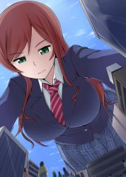Rule 34 | 10s, 1girl, all fours, blazer, blurry, breasts, brown hair, building, city, crowd, day, depth of field, expressionless, female focus, from below, giant, giantess, green eyes, gundam, gundam build fighters, gundam build fighters try, huge giantess, jacket, kamiki mirai, large breasts, long hair, looking down, red hair, school uniform, sky, skyscraper, smile, solo, solo focus, terada ochiko