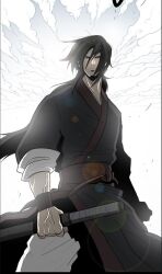 Rule 34 | 1boy, bad tag, black eyes, black hair, black tunic, highres, long hair, mu-won jin, simple background, solo, sword, the legend of the northern blade, very long hair, weapon, white background