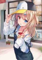 Rule 34 | 1girl, bare shoulders, baseball cap, black hat, blue eyes, bubble tea, collarbone, collared shirt, commentary, cup, disposable cup, drinking straw, english commentary, hair ornament, hairclip, hand on headwear, hand up, hat, heterochromia, highres, hitsukuya, holding, holding cup, light brown hair, long hair, long sleeves, looking at viewer, off shoulder, original, outdoors, overall skirt, parted lips, red eyes, shirt, signature, sleeves past fingers, sleeves past wrists, solo, storefront, two side up, white shirt