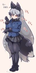 Rule 34 | 10s, 1futa, animal ears, black footwear, black gloves, black neckwear, black pantyhose, black skirt, blue jacket, blush, bow, bowtie, breasts, bulge, closed mouth, commentary request, erection, erection under clothes, fox ears, fox tail, fur trim, futanari, gloves, hair between eyes, highres, jacket, kemono friends, large breasts, lips, long hair, long sleeves, looking at viewer, multicolored hair, necktie, orange eyes, pantyhose, penis, pleated skirt, precum, silver fox (kemono friends), silver hair, simple background, skirt, smile, solo, standing, tail, tanaka kusao, translation request, very long hair