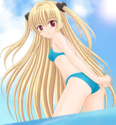 Rule 34 | 00s, 1girl, arms behind back, bikini, blonde hair, day, konjiki no yami, lens flare, long hair, miracle!, red eyes, smile, solo, swimsuit, to love-ru, twintails, two side up, very long hair, wading, water