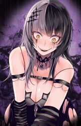 Rule 34 | 1girl, absurdres, artist name, bare shoulders, black choker, black dress, black hair, breasts, chest belt, choker, cleavage, dress, eyelashes, grey hair, grin, hair ornament, highres, hololive, hololive english, kivo, large breasts, long hair, looking at viewer, multicolored hair, runny makeup, shiori novella, shiori novella (1st costume), smile, solo, split-color hair, striped arm warmers, two-tone hair, virtual youtuber, yandere, yandere trance, yellow eyes