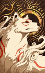 absurdres amaterasu_(ookami) animal_focus artist_name brown_background brown_eyes closed_mouth commentary english_commentary hatching_(texture) highres looking_ahead looking_back mayhw no_humans ookami_(game) patterned_background portrait shade solo turning_head white_wolf wolf