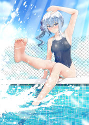 Rule 34 | 1girl, absurdres, alternate breast size, alternate costume, andy2465, arm support, arm up, armpits, barefoot, blue eyes, blue one-piece swimsuit, blue sky, breasts, closed mouth, cloud, cloudy sky, collarbone, competition swimsuit, day, feet, fence, foot up, foreshortening, hair between eyes, highleg, highleg swimsuit, highres, hololive, hoshimachi suisei, legs, looking at viewer, medium breasts, mixed-language commentary, one-piece swimsuit, outdoors, poolside, shadow, shiny skin, side ponytail, sitting, sky, smile, soles, solo, splashing, sunlight, swimsuit, thighs, toes, virtual youtuber, water, wet