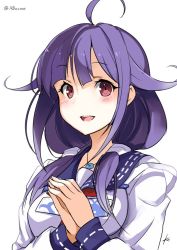 Rule 34 | 1girl, ahoge, apron, blue sailor collar, ebizome, hair flaps, kantai collection, looking at viewer, low twintails, magatama, neckerchief, official style, open mouth, purple hair, red eyes, red neckerchief, sailor collar, simple background, smile, solo, strap slip, taigei (kancolle), twintails, twitter username, upper body, whale, white background