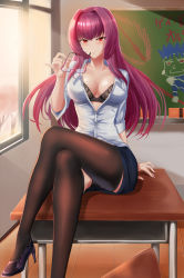 Rule 34 | 1girl, black bra, blouse, blue skirt, blush, bra, breasts, chalkboard, classroom, cleavage, collarbone, collared shirt, crossed legs, desk, dress shirt, unworn eyewear, fate/grand order, fate (series), hair between eyes, high heels, highres, holding, holding removed eyewear, jojobirdz, large breasts, legs, light rays, long hair, looking at viewer, nail polish, on desk, open clothes, open shirt, parted lips, pencil skirt, purple hair, red eyes, scathach (fate), shirt, sitting, skirt, solo, teacher, thighhighs, thighs, underwear, white shirt, window