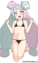 Rule 34 | 1girl, :d, absurdres, barefoot, bikini, black bikini, blush, bow-shaped hair, character hair ornament, collarbone, creatures (company), eyelashes, flat chest, game freak, green hair, hair ornament, hands up, highres, iono (pokemon), long hair, multicolored hair, navel, nintendo, open mouth, pink hair, pokemon, pokemon sv, smile, solo, swimsuit, teeth, toes, tongue, twintails, two-tone hair, upper teeth only, w arms, watermark, web address, yiku1707