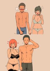 Rule 34 | 2boys, 2girls, @ @, abs, arm behind head, black bra, black hair, black panties, blush, boyfriend (yoru mac), bra, breasts, brown hair, cleavage, closed eyes, collarbone, commentary, cropped legs, drawstring, f.w.zholic, father (yoru mac), flying sweatdrops, girlfriend (yoru mac), gluteal fold, green hair, groin, heart, highres, holding hands, husband and wife, lace, lace-trimmed bra, lace-trimmed panties, lace-trimmed thighhighs, lace trim, large breasts, mature female, mature male, mcdonald&#039;s, mother (yoru mac), multiple boys, multiple girls, muscular, navel, nervous, nose blush, open mouth, orange hair, panties, pectorals, polka dot, polka dot bra, polka dot panties, ponytail, product girl, short hair, simple background, skindentation, smile, stomach, sweat, sweatdrop, thigh gap, thighhighs, underwear, underwear only, yoru mac