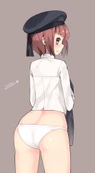 Rule 34 | 10s, 1girl, 2015, ass, blush, brown eyes, brown hair, butt crack, cowboy shot, dated, dress shirt, from behind, grey background, hat, highres, holding, holding clothes, kantai collection, kuro chairo no neko, long sleeves, looking back, open mouth, panties, paw print, sailor hat, shiny skin, shirt, short hair, simple background, smile, solo, twitter username, underwear, undressing, white panties, white shirt, z3 max schultz (kancolle)