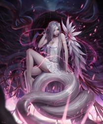Rule 34 | 1girl, armlet, barefoot, blurry, blurry background, breasts, closed mouth, cthulhu mythos, dress, flower, green eyes, hair flower, hair ornament, hair over one eye, hand in own hair, highres, lips, long hair, looking at viewer, original, sarena, signature, silver hair, small breasts, solo, strapless, strapless dress, tattoo, tentacles, white dress
