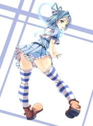 Rule 34 | 1girl, annoyed, ass, blue eyes, blue hair, breasts, cyoppu, dress, female focus, from behind, full body, hair ornament, hair rings, hair stick, highres, kaku seiga, looking at viewer, looking back, matching hair/eyes, open mouth, panties, ribbon, shawl, short hair, solo, striped clothes, striped panties, striped thighhighs, thighhighs, touhou, trefoil, underwear