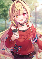 Rule 34 | 1girl, :d, bag, black choker, black hairband, blonde hair, blurry, blurry background, bow, choker, collarbone, cowboy shot, cup, disposable coffee cup, disposable cup, hair bow, hair intakes, hairband, handbag, heterochromia, highres, holding, holding cup, hoshikawa sara, hoshikawa sara (2nd costume), long hair, looking at viewer, multiple hair bows, nijisanji, off-shoulder sweater, off shoulder, open mouth, outdoors, plaid, plaid skirt, red eyes, red sweater, regimiruku, skirt, smile, solo, star piercing, sweater, union jack, virtual youtuber, yellow eyes