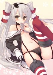 Rule 34 | 10s, 1girl, amatsukaze (kancolle), bare shoulders, black panties, blush, breasts, cameltoe, choker, garter straps, gloves, highres, kantai collection, leg lift, long hair, looking at viewer, miko (royal milk), mouth hold, navel, nipples, one breast out, open clothes, panties, red thighhighs, side-tie panties, silver hair, single glove, small breasts, solo, thighhighs, two side up, underwear, untied panties, very long hair, white gloves