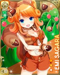 Rule 34 | 1girl, acorn, animal ears, blue eyes, bow, breasts, brown bow, card (medium), character name, cleavage, crate, day, fake animal ears, fake tail, from above, furred cuffs, furry vest, girlfriend (kari), hair ornament, holding, indoors, large breasts, looking at viewer, navel, official art, open mouth, orange hair, qp:flapper, sagara emi, school, school play, shorts, smile, squirrel ears, squirrel tail, tagme, tail, tree, twintails, wrist cuffs