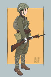 Rule 34 | 1girl, arisaka, backpack, bag, bayonet, belt, between breasts, bolt action, boots, braid, breasts, brown eyes, flower, full body, gun, helmet, highres, imperial japanese army, military, military uniform, original, pouch, profile, rifle, sino, sino (mechanized gallery), solo, standing, strap between breasts, twin braids, uniform, weapon, world war ii