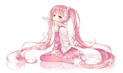Rule 34 | 1girl, bare shoulders, boots, cherry blossoms, detached sleeves, from behind, full body, hatsune miku, long hair, mouth hold, pink eyes, pink footwear, pink hair, reflective floor, sakura miku, saru, simple background, sitting, skirt, solo, thigh boots, thighhighs, twintails, very long hair, vocaloid, wariza, white background, zettai ryouiki