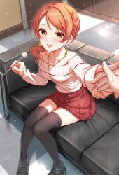 Rule 34 | 1girl, 1other, absurdres, black thighhighs, blush, checkered floor, couch, highres, hojo karen, holding hands, idolmaster, idolmaster cinderella girls, indoors, looking at viewer, mimikaki, miniskirt, off-shoulder sweater, off shoulder, on couch, orange hair, out of frame, pov, pov hands, red skirt, sitting, skirt, smile, solo focus, sweatdrop, sweater, thighhighs, yugao (kam pom37), zettai ryouiki