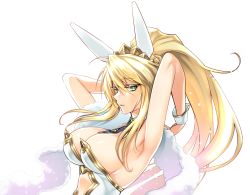 Rule 34 | 1girl, ahoge, amagai yukino, animal ears, armpits, arms behind head, arms up, artoria pendragon (all), artoria pendragon (fate), artoria pendragon (swimsuit ruler) (fate), blonde hair, breasts, cleavage, clothing cutout, colored eyelashes, crown, detached collar, fake animal ears, fate/grand order, fate (series), green eyes, hair between eyes, large breasts, leotard, lips, looking at viewer, navel cutout, necktie, parted lips, playboy bunny, ponytail, rabbit ears, shawl, sideboob, sidelocks, simple background, solo, strapless, strapless leotard, upper body, white background, white leotard, wrist cuffs