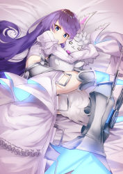 Rule 34 | 1girl, blue eyes, hugging doll, dress, fate/grand order, fate (series), fou (fate), frilled dress, frills, highres, long hair, lying, meltryllis (fate), meltryllis (third ascension) (fate), midriff, hugging object, on bed, on side, purple hair, sleeves past wrists, solo, spikes, stuffed animal, stuffed toy, very long hair, white dress