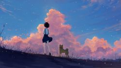 Rule 34 | 1girl, ahoge, animal, axleaki, bare legs, black footwear, black hair, blue skirt, blue sky, building, cloud, cloudy sky, collar, commentary, dog, animal collar, english commentary, grass, highres, light particles, original, outdoors, power lines, scenery, shiba inu, shirt, shoes, short hair, skirt, sky, solo, standing, suspender skirt, suspenders, tail, twilight, white shirt, wind, wind lift