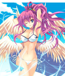 Rule 34 | 1girl, angel, angel wings, archangel metatron (p&amp;d), arms behind head, arms up, artist name, bikini, blue eyes, blue sky, breasts, cleavage, cloud, collarbone, day, deizzo219, feathered wings, groin, large breasts, lips, long hair, multiple wings, navel, one eye closed, outdoors, pink hair, puzzle &amp; dragons, ribbon, side-tie bikini bottom, sky, smile, solo, swimsuit, very long hair, water, wavy hair, white bikini, white ribbon, wings