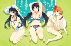 Rule 34 | 10s, 3girls, alternate hair color, arms up, barefoot, bikini, black hair, blue hair, bracelet, breasts, brown eyes, casual one-piece swimsuit, choker, cleavage, earrings, feet, floral print, flower, flower bracelet, green eyes, group name, hair flower, hair ornament, hands on own chest, hat, hat flower, hat on back, hibiscus, hoshizora rin, innertube, jewelry, large breasts, lily white (love live!), long hair, love live!, love live! school idol festival, love live! school idol project, multiple girls, navel, necklace, one-piece swimsuit, orange hair, plump, polka dot, polka dot bikini, polka dot swimsuit, print bikini, print swimsuit, ribbon choker, sasamori tomoe, scrunchie, seiza, short hair, sitting, smile, sonoda umi, striped clothes, striped scrunchie, sun hat, swim ring, swimsuit, tojo nozomi, twintails, v arms, very long hair, wrist scrunchie, wristband
