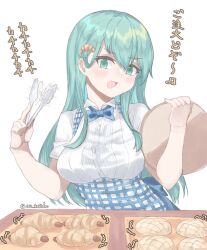 1girl apron aqua_hair az_toride blue_apron blue_bow blue_bowtie bow bowtie bread collared_shirt commentary_request dress_shirt employee_uniform food gingham_apron green_eyes highres kantai_collection kobeya kobeya_uniform shirt simple_background smile solo suzuya_(kancolle) translation_request tray upper_body waitress white_background white_shirt