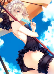 Rule 34 | 1girl, amami mikihiro, artoria pendragon (all), artoria pendragon (alter swimsuit rider) (fate), artoria pendragon (alter swimsuit rider) (first ascension) (fate), artoria pendragon (fate), ass, bare back, black one-piece swimsuit, blonde hair, blue sky, braid, bridal garter, closed mouth, cloud, day, eating, fate/grand order, fate (series), food, frills, highres, maid headdress, one-piece swimsuit, parasol, popsicle, saber alter, short hair, sky, solo, swimsuit, umbrella, yellow eyes