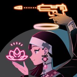 Rule 34 | 1girl, appi, black nails, bullet, commentary request, earrings, extra arms, flower, glowing, gun, halo, holding, holding gun, holding weapon, jewelry, nail polish, neon lights, original, pink flower, portrait, profile, smile, solo, tassel, tassel earrings, weapon
