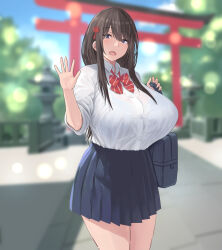 Rule 34 | 1girl, :o, bag, black eyes, black hair, black skirt, blue sky, blurry, blurry background, bow, bowtie, bra visible through clothes, breasts, cloud, collared shirt, commentary request, day, hair ornament, highres, huge breasts, long hair, looking at viewer, mountain, mountainous horizon, natsuishi nana, open mouth, original, outdoors, pleated skirt, red bow, red bowtie, school bag, school uniform, see-through, see-through shirt, shirt, shirt tucked in, shrine, sidelocks, skirt, sky, solo, tented shirt, torii, tree, waving, white shirt