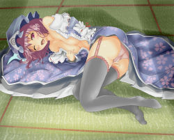 Rule 34 | 1girl, ass, bad feet, bare shoulders, breasts, covering privates, covering breasts, female focus, fukunaga kazuhiro, garter straps, hat, highres, legs, lying, no bra, on floor, on side, one eye closed, open clothes, open mouth, panties, pink eyes, pink hair, saigyouji yuyuko, short hair, smile, solo, tatami, thighhighs, touhou, underwear, wince, wink