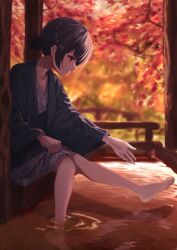 Rule 34 | 1girl, absurdres, ashiyu, autumn, autumn leaves, barefoot, black hair, blue kimono, blurry, blurry background, blush, breasts, closed mouth, collarbone, feet, from side, hair between eyes, haori, highres, idolmaster, idolmaster shiny colors, japanese clothes, kimono, leg up, legs, long sleeves, looking at another, marishiten (mar1sh110), morino rinze, outdoors, print kimono, red eyes, short hair, sitting, small breasts, smile, soaking feet, solo, toenails, toes, tree, wide sleeves, yukata