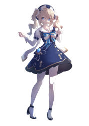Rule 34 | 1girl, absurdres, barbara (genshin impact), blonde hair, blue dress, blue eyes, bonnet, bow, chinese commentary, collarbone, commentary request, curly hair, dress, dress bow, genshin impact, high heels, highres, kuroida, large bow, long sleeves, looking at viewer, open mouth, pantyhose, sailor collar, shaded face, shadow, simple background, smile, solo, twintails, vision (genshin impact), white background, white pantyhose, white sailor collar