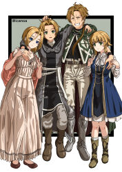 2boys 2girls absurdres ahoge arm_around_shoulder armor artist_name belt blonde_hair blue_dress breasts brown_footwear brown_hair brown_shawl cloak closed_eyes closed_mouth dress eyebrows_hidden_by_hair family full_body greaves green_cloak green_eyes grey_robe hair_between_eyes headpat highres icenoa1011 jewelry looking_at_viewer male_focus multiple_boys multiple_girls mushoku_tensei norn_greyrat open_mouth pants paul_greyrat ring robe rudeus_greyrat shawl simple_background small_breasts smile teeth v white_dress white_pants zenith_greyrat