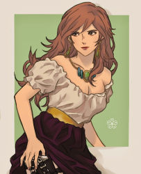 Rule 34 | 1girl, bare shoulders, black skirt, breasts, brown hair, cipcal, cleavage, earrings, green background, highres, jewelry, long hair, lupin iii, medium breasts, mine fujiko, necklace, off-shoulder shirt, off shoulder, outside border, shirt, simple background, skirt, smile, solo, upper body, white shirt