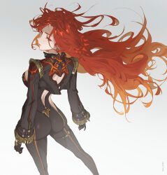 1girl ass biker_clothes bikesuit black_bikesuit black_gloves bodysuit breasts earrings floating_hair genshin_impact gloves highres jewelry kuri_kuriku long_hair long_sleeves looking_at_viewer mavuika_(genshin_impact) multicolored_hair open_mouth orange_eyes orange_hair red_hair solo standing sun_earrings two-tone_hair very_long_hair