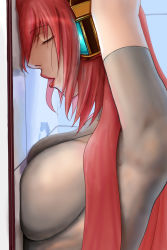 Rule 34 | 1girl, 7/11 (fukuso), against wall, arms up, bad id, bad pixiv id, breast press, breasts, derivative work, closed eyes, headphones, highres, impossible clothes, impossible shirt, large breasts, lips, long hair, megurine luka, open mouth, photo-referenced, pink hair, profile, shirt, solo, vocaloid