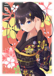 Rule 34 | 1girl, absurdres, antennae, arm behind head, bird wings, black hair, black kimono, blue eyes, blush, commentary request, floral print, hair between eyes, hair ornament, hand up, head wings, highres, japanese clothes, kemono friends, kimono, light blush, lips, looking at viewer, new year, noginogiro, obi, petals, sash, short hair, smile, solo, upper body, western parotia (kemono friends), wide sleeves, wings