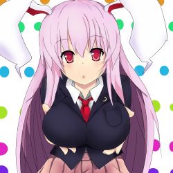 Rule 34 | 1girl, animal ears, blazer, breast hold, breasts, rabbit ears, crescent moon, jacket, large breasts, light purple hair, long hair, looking at viewer, moon, open mouth, presenting, red eyes, reisen udongein inaba, skirt, solo, sprout (33510539), touhou