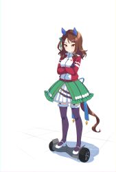 Rule 34 | 1girl, animal ears, black gloves, breasts, brown eyes, brown hair, closed mouth, crossed arms, dated, frilled skirt, frilled thighhighs, frills, garter straps, gloves, horse ears, horse girl, horse tail, jacket, king halo (umamusume), koruri, long hair, long sleeves, looking away, medium breasts, one side up, parted bangs, pleated skirt, red jacket, segway, shoes, skirt, solo, tail, thighhighs, track jacket, twitter username, umamusume, white background, white footwear, white skirt
