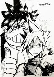 Rule 34 | &gt; &lt;, 2boys, closed mouth, cloud strife, crossover, donkey kong, donkey kong (series), donkey kong country, final fantasy, final fantasy vii, glint, gorilla, greyscale, grin, highres, inktober, looking at viewer, monochrome, multiple boys, nintendo, pointy hair, rariatto (ganguri), smile, super smash bros., thumbs up, twitter username